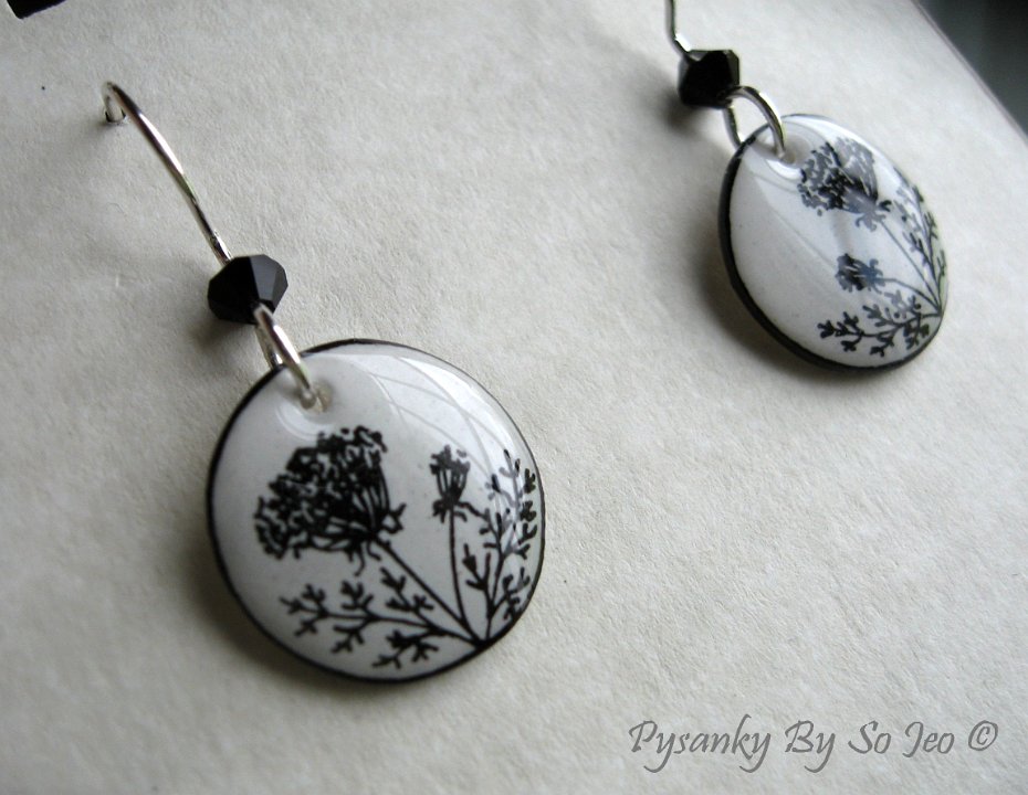 Black & White Queen Anne's Lace Earrings Pysanky By So Jeo